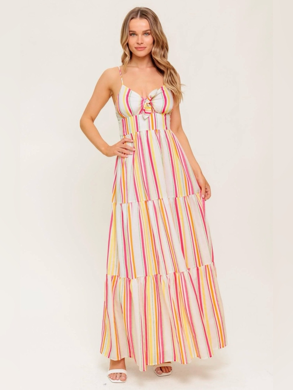 Flying Tomato Cream Maxi Dress with Pink, Yellow and Orange Stripes